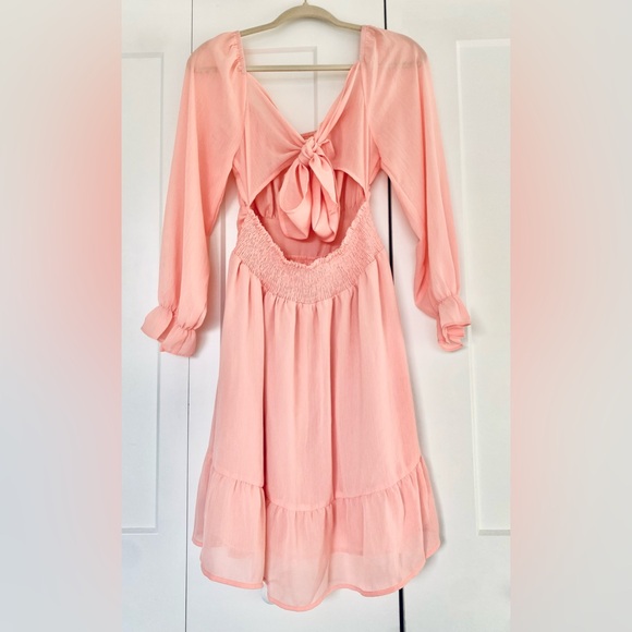 Exlura Peach-Pink Long Lantern Sleeve Ruffle Tie-Back Mini Dress size Medium - Picture 2 of 9